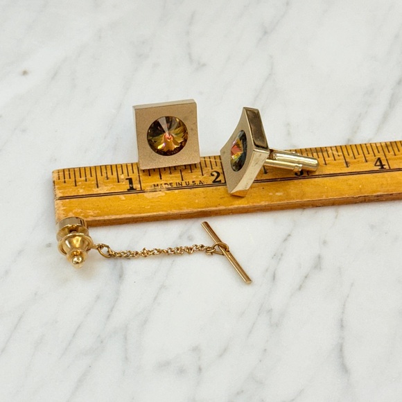 VTG Dante Multi color Gold Rivoli Cuff Links & Tie Tack - Picture 11 of 11